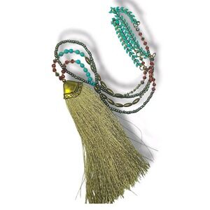 Boho Colorful Beaded Gold Tone Tassel Pendant Necklace 35"